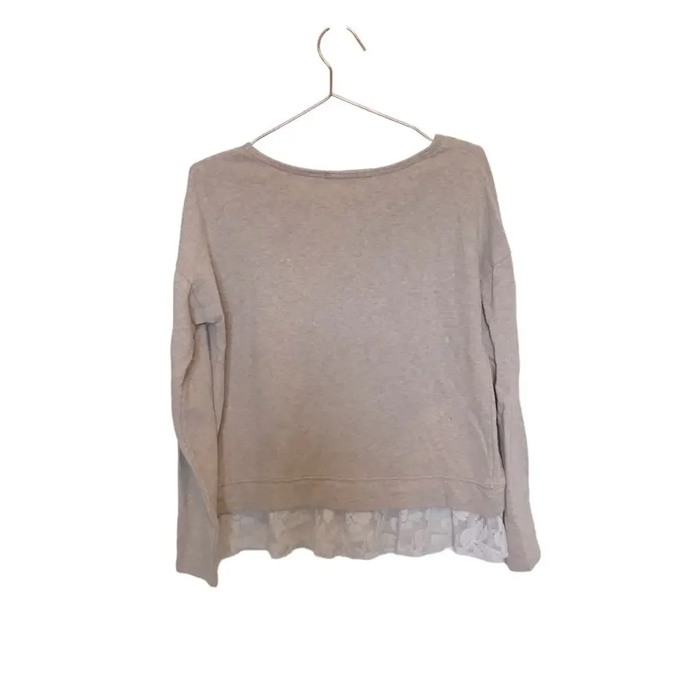 Verve Ami medium Sweater Top Tan Knit Lace Trim Boxy